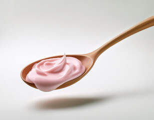 wood spoon filled with Greek yogurt isolated