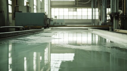 Glass sheets are being carefully produced in a large industrial facility
