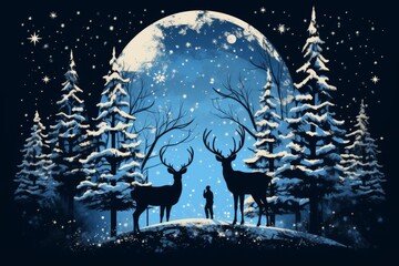 Simplified silhouette of a turquoise deer with antlers beside a harmonious christmas tree design