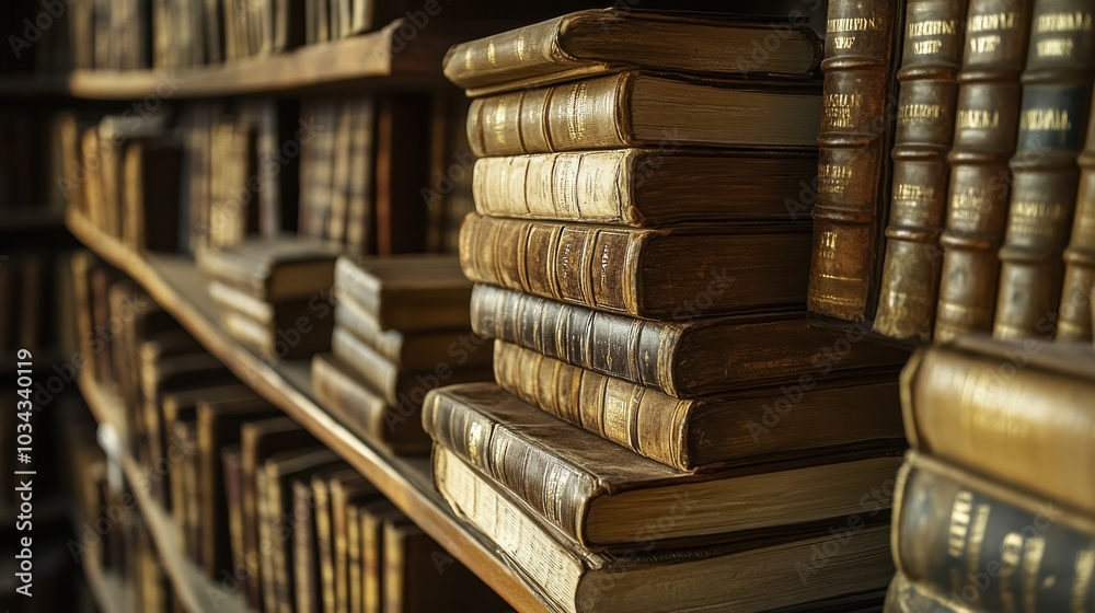 Poster Stack of Antique Books on a Wooden Shelf in a Library