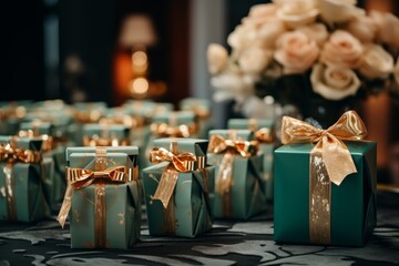 Minimalist gifts  pale green present with turquoise ribbon for a stylish holiday display