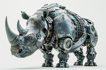 This artwork features a detailed robotic rhinoceros, highlighting intricate mechanical components and metallic elements, creating a striking blend of nature and technology. - obrazy, fototapety, plakaty