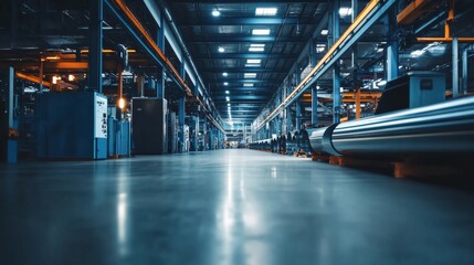 Obraz premium Rows of steel pipes and tubes await processing in a bustling manufacturing facility
