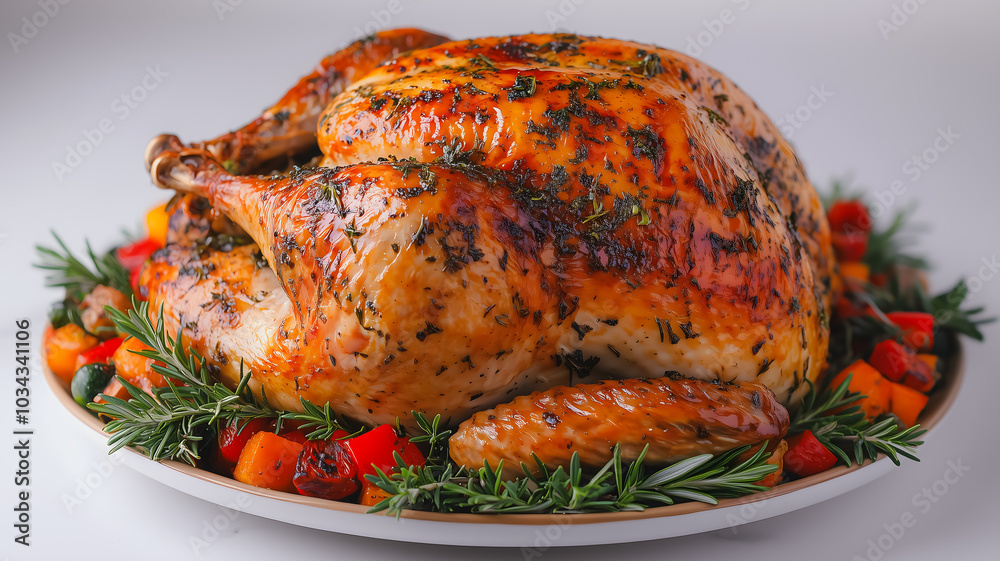 Wall mural a large roasted turkey with herbs and vegetables on a white plate. the turkey is the main focus of t