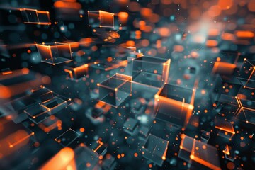 A captivating visual depicts glowing cubes and floating particles interacting in a dark digital environment, creating a sense of depth and movement.