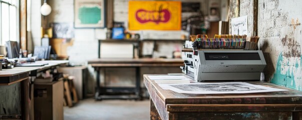 Artist's studio with a printer and paints.