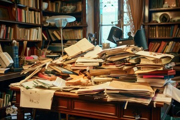 The desk in a study room is overwhelmed with stacks of books, papers, and stationery, reflecting a busy and scholarly environment filled with knowledge and creativity.