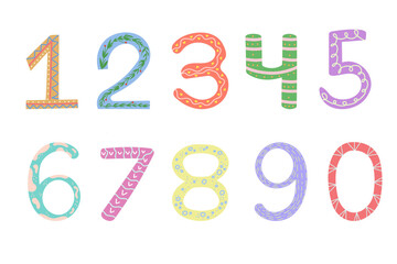 Collection of colorful numbers with ornament doodles. Kids illustration. Count., education. Vector isolated on white background