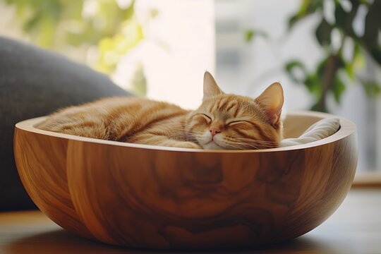 Ginger tabby cat sleeping peacefully in wooden bowl - Powered by Adobe