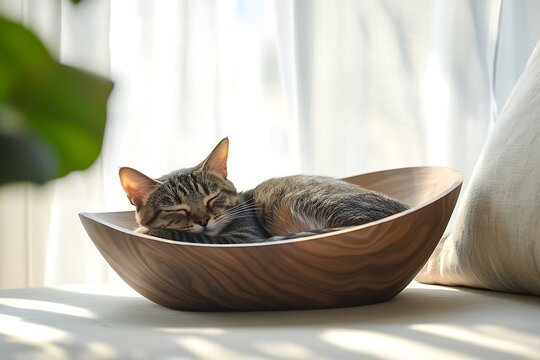 Cute tabby cat sleeping in wooden bowl at home