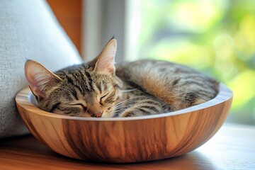 Tabby kitten sleeping peacefully in wooden bowl by window