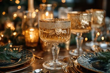 Fototapeta premium Elegant Holiday Dinner Table Setting with Sparkling Glassware and Festive Decor