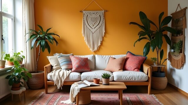 Boho-Hippie style cozy living room, bright warm colors, couch with natural materials like wood and rattan accents, macrame wall hanging, colorful pillows with ethnic patterns, succulents, hanging ivy