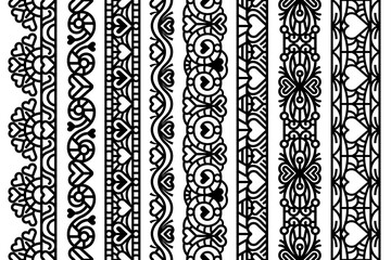 Abstract seamless lace trim set. Tape endless repeatable knitted ornamental designs with hearts. Heart lace ribbon collection with black thin line.