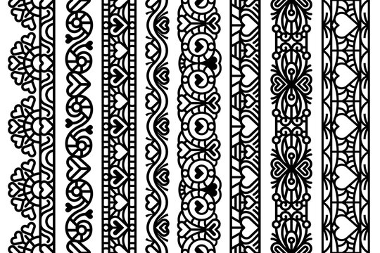 Abstract seamless lace trim set. Tape endless repeatable knitted ornamental designs with hearts. Heart lace ribbon collection with black thin line.