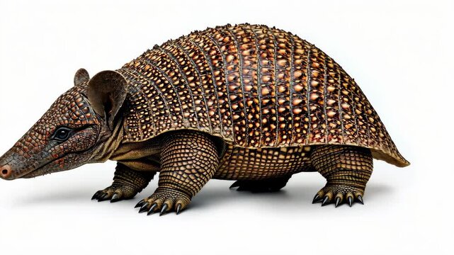 A three-banded armadillo walks across a white background