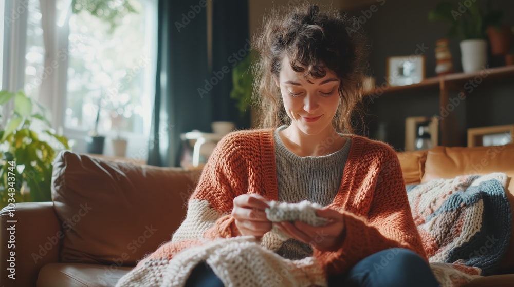 Canvas Prints A young woman enjoys a cozy afternoon knitting on her sofa in a sunlit living room surrounded by plants and home decor