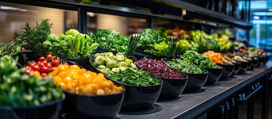 A variety of fresh vegetables in black bowls on a counter in a restaurant.