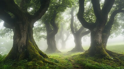 Fototapeta premium Misty morning in an ancient forest with towering trees.