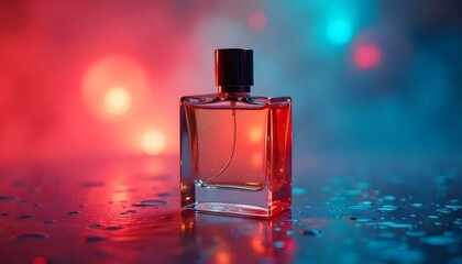 Elegant Perfume on a table with colourful lights