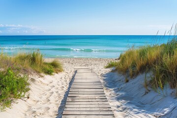 Obraz premium A wooden walkway stretches from the lush greenery to a peaceful beach, inviting visitors to enjoy the soft sand and soothing ocean waves on a sunny day.