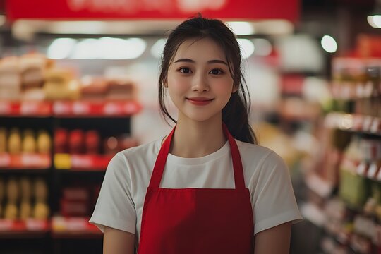 Young woman working as a sales assistant is smiling in a supermarket