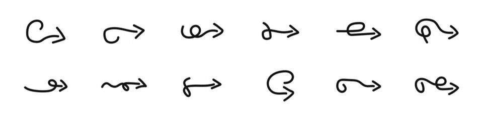 Set of black vector arrows. Collection of linear arrows. Contours of different arrows. Arrow icon pointing to the right. Flat thin arrows. Black direction signs vector. Direction logo.