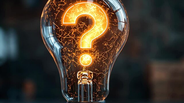 A bright, glowing question mark fills the inside of a light bulb, symbolizing the search for answers