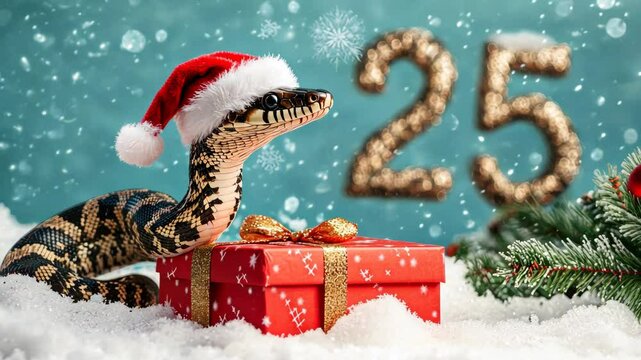 Festive snake with santa hat and gift box in snowy christmas setting