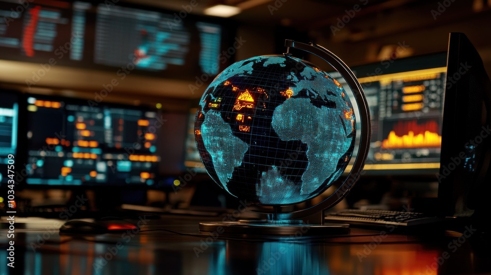 Poster Illuminated Globe on Desk with Computer Monitors and Keyboard