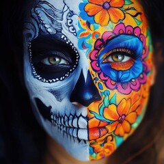 Colorful dia de los muertos face paint with vibrant floral and skull design