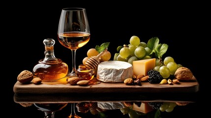 Naklejka premium A hand dips a honey dipper into golden honey, with two glasses of white wine and a cheese wedge placed next to assorted nuts and ripe grapes on a wooden table