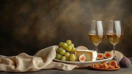 Obraz premium A hand dips a honey dipper into golden honey, with two glasses of white wine and a cheese wedge placed next to assorted nuts and ripe grapes on a wooden table