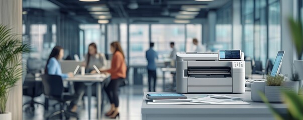 Fototapeta premium Office printer on desk with blurry background.
