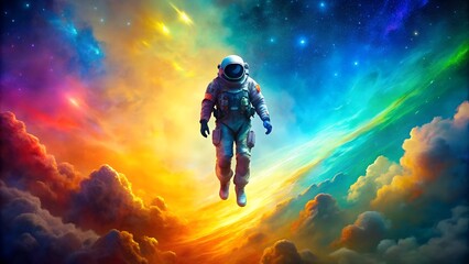 Astronaut Floating in Vibrant Cosmic Cloudscape