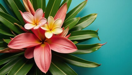 Obraz premium A layered tropical leaf and flower composition with soft hues