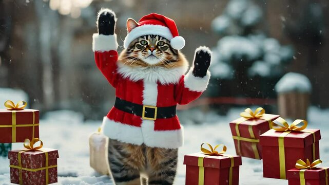 Adorable cat in santa costume playfully interacting with floating christmas gifts in snowy scene