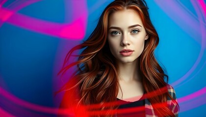 Naklejka premium A young Caucasian woman with long, wavy red hair and green eyes, against a blue background with red lighting