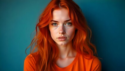 Fototapeta premium A young Caucasian woman with long, wavy red hair and green eyes, against a blue background with red lighting