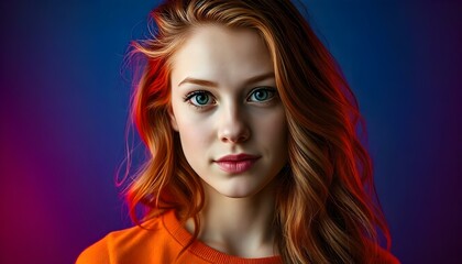 A young Caucasian woman with long, wavy red hair and green eyes,  against a blue background with red lighting