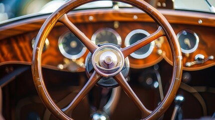 The vintage wooden steering wheel of a classic car showcasing intricate design and smooth polished finish.
