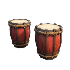 Colorful wooden drums with a rustic design, isolated on transparent or white background