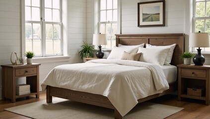 Hyper-realistic farmhouse chic bedroom with white shiplap walls and an antique quilt on a repurposed barnwood bedframe features rustic wooden nightstands large windows bathing the room in natural