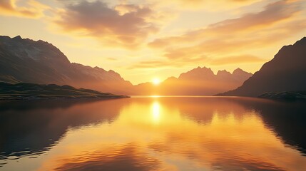 Serene mountain lake at sunset, golden light reflecting on water.