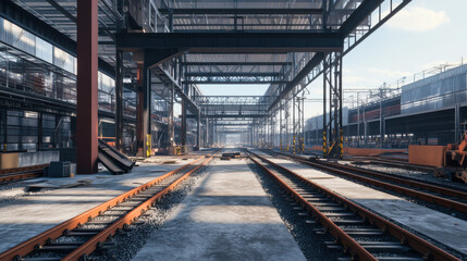 Fototapeta premium Construction progress of a modern railway station with extensive arches and tracks in bright daylight