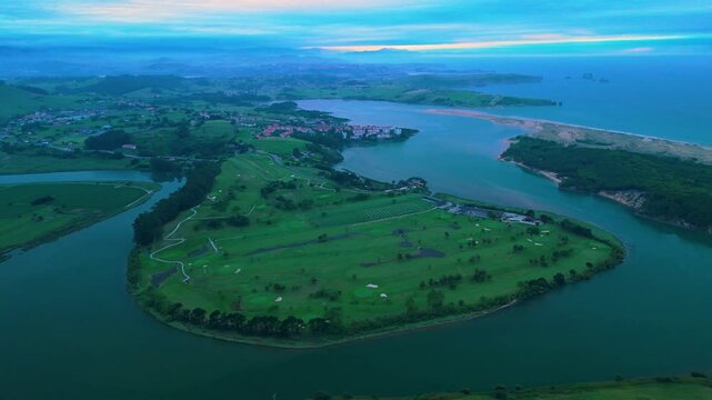 View of the Mogro Estuary and the Liencres Natural Park from La Picota mountain in the Liencres mountain range. Municipality of Pi&eacute;lagos. Cantabrian Sea. Cantabria. Spain. Europe