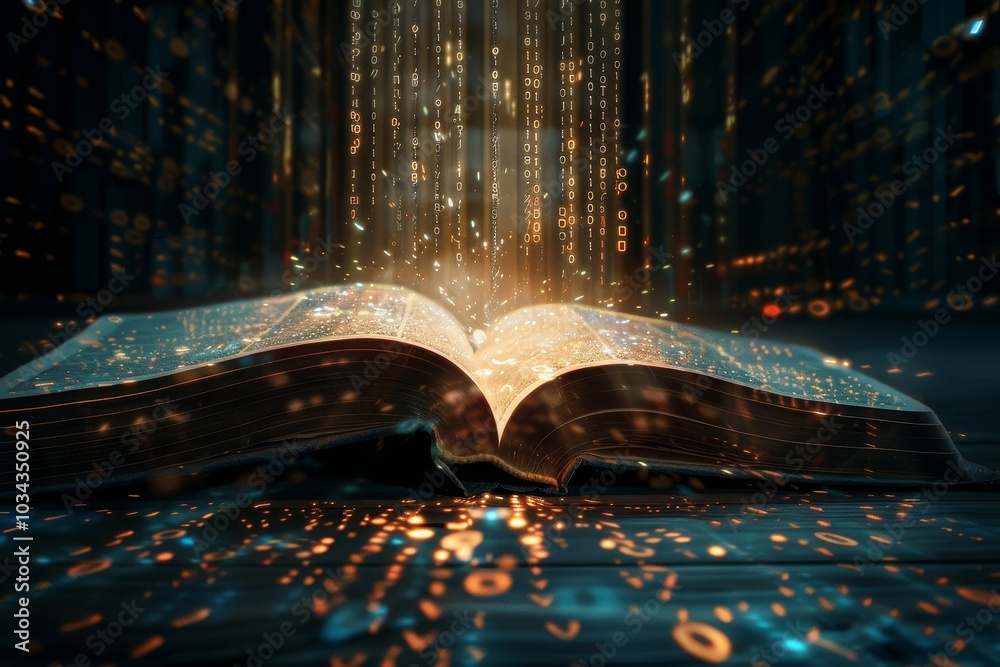 Poster an open book radiates golden binary code in a dark space, illustrating the fusion of traditional kno