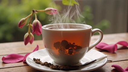 Mug with tea and flowers against a backdrop of falling raindrops