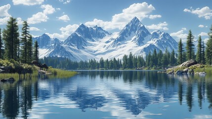 Serene mountain lake reflecting snow-capped peaks.