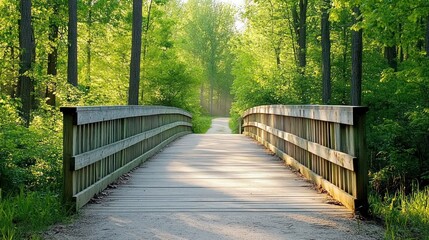 Wooden Bridge Pathway Through Lush Green Forest